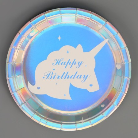 Paper plate "Happy birthday. Unicorn ", 6 pcs., Color silver