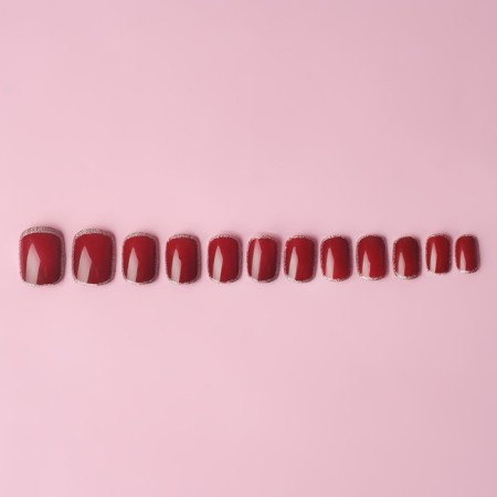 Wine overhead nails, 12 pcs, with adhesive plates, soft square shape, burgundy/silver color-8