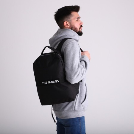 A backpack with a zipper, "saxi", a laptop department, black color-8