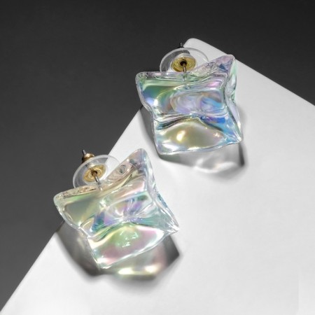 Earrings Assorted "Ice" uneven cube, white color-1