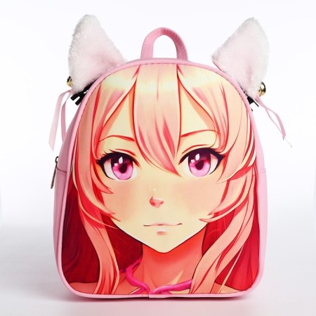 School textile backpack with ears on the hairpins "Anime", 27x23 cm, pink color-4