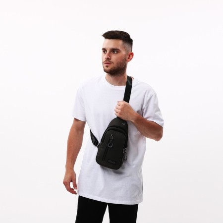 Male sling bag from textiles, headphones, green color
