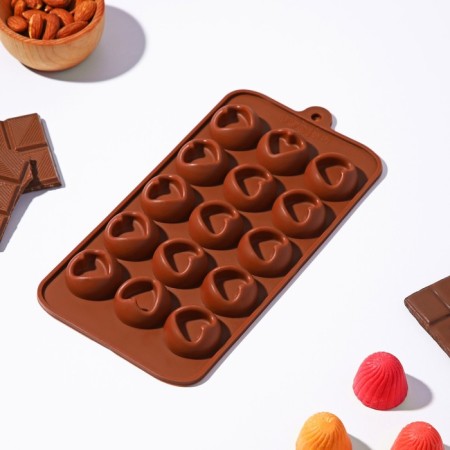 Form for chocolate of the share "Heart", silicone, 23.2 × 12 × 1 cm, 15 cells (d = 3.3 cm), brown color-2