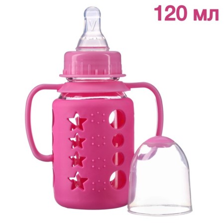 A bottle in a silicone case, with handles, glass, classic throat, 120 ml., +0 months, pink color-2