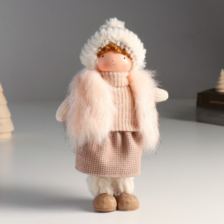 Interior doll "Baby in a fur vest and in a hat with a pompom" 27x9x12 cm