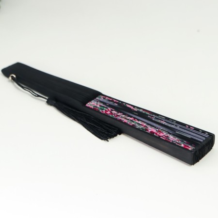 Fan bamboo, textiles h = 21 cm "Flowers and butterflies" black, with a brush-2