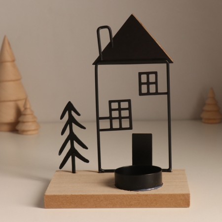 Summary metal, wood on 1 candle "Christmas tree at the house with a pipe" d = 4 cm 7.5x12x15.5 cm-3