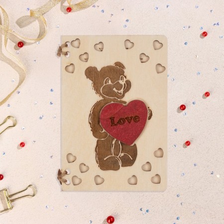 Wooden postcard "Bear holds the heart" handmade, light, 12x8 cm