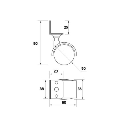 Furniture wheel, d = 50 mm, g-shaped, with mount, without brake, black plastic-1