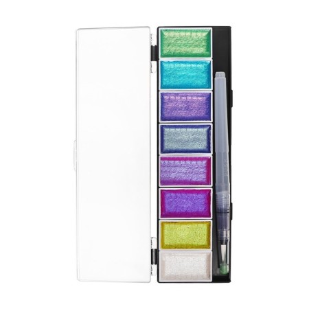 Watercolor paints, mother -of -pearl, + brush, in a plastic box, 8 colors-3