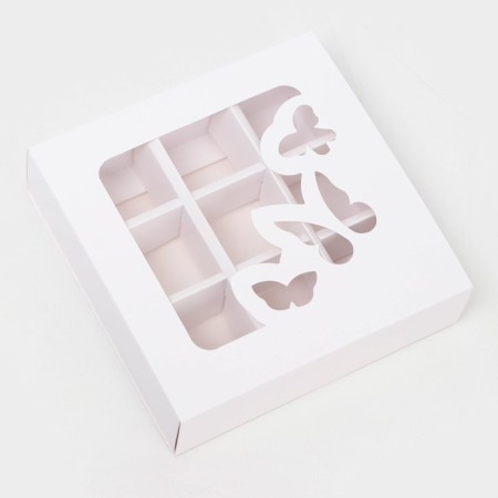 Box for 9 sweets cutting down, "butterflies", white 13.7 x 13.7 x 3.8 cm-1