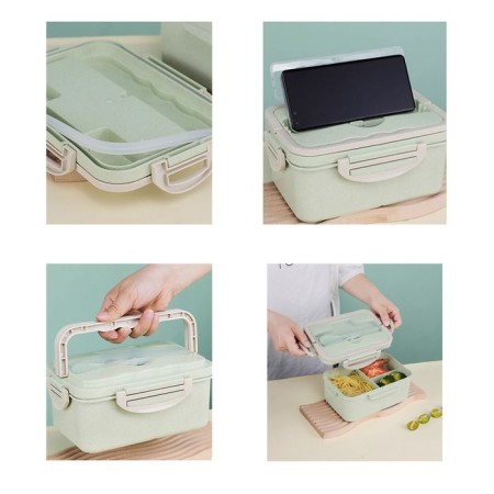 Lunch box, 1 l, 3 sections, spoon, fork, 20 x 13 x 7 cm, light green-1