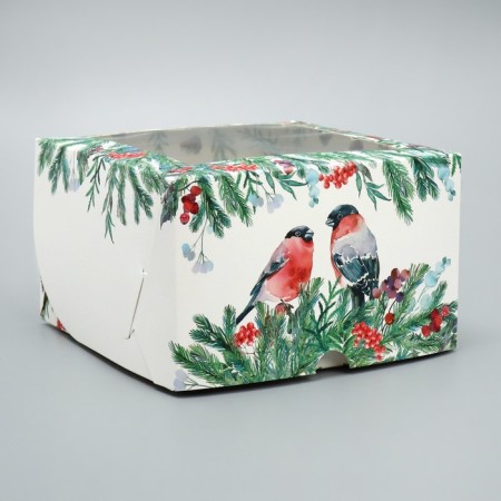 The box for cupcakes is folding with bilateral application "bullfinch", 16 x 16 x 10 cm, new year-2
