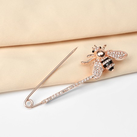 Bulavka "Bee" with rhinestones, 7.5 cm, black and white color in pink gold-3