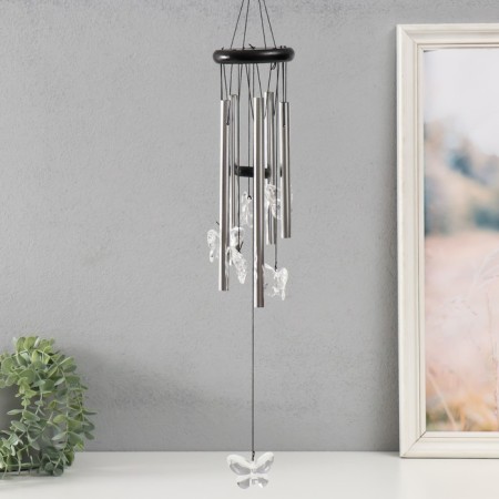 Wind music metal, tree "Crystal butterflies" 5 tubes 60x9x9 cm