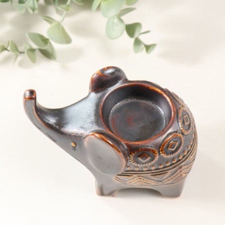 Ceramics candlestick for 1 candle "Elephant. Ethnic patterns" brown 7x11.5x10.5 cm-5