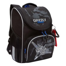 Ранец школьный Стандарт, 33 х 25 х 13 см, Grizzly, + мешок для обуви, чёрный