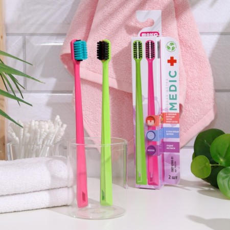 Medic toothbrush for bracket systems, biodegradable, green + pink, 2 pcs.