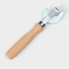 The opener is not riveted, 17 × 4 cm, zinc, with a wooden handle made of beech