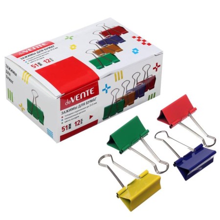 Papers clamps 51 mm, 12 pieces, Devente, metal, mix x 4 colors, cardboard box