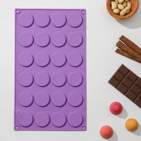 The shape for chocolate is the “Circle”, silicone, 27.7 × 17.3 × 1 cm, 24 cells (D = 3.4 cm), Mix color