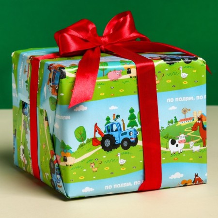 Glossy packaging paper, "in the fields", blue tractor, 70x100 cm-1