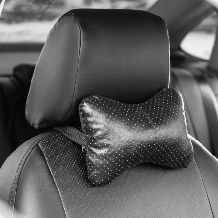 Car bone pillow, on a headrest, eco -leather perforated, black 16x24 cm