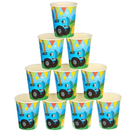 Paper glass "Happy Birthday!", 250 ml, blue tractor-3