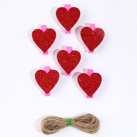 Pink clothespins with red hearts, 3.5 cm, set 6 pcs.