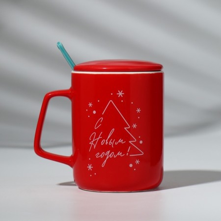 Ceramic mug with a spoon and a “Happy New Year” lid, 400 ml, red color-5