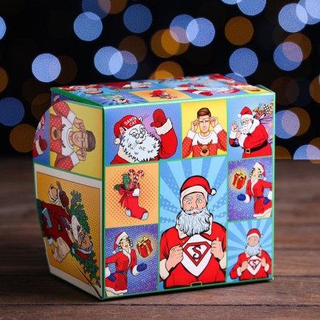 The box is folding, double -sided, "New Year's superheroes", 16 x 16 x 10 cm