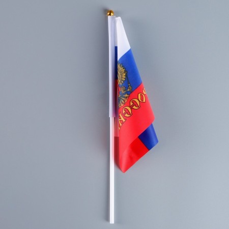 The flag of Russia with the emblem, 14 x 21 cm, rod 30 cm, polyester silk-1