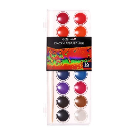 Watercolor paints 16 colors, round, dialing dials 23 mm, with a brush, plastic pencil case, calligrata top