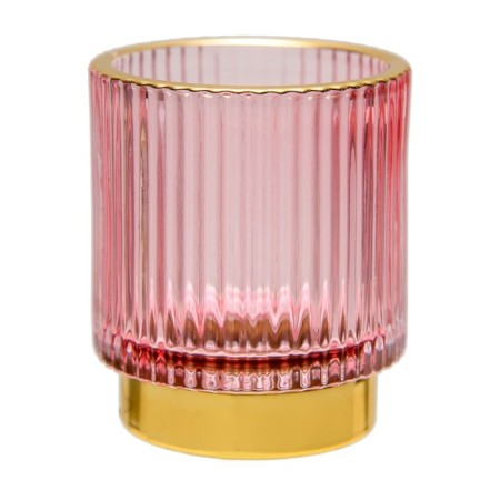 Decorative candlestick made of colored embossed glass, 70 × 70 × 80 mm, pink color