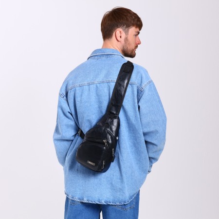 Male sling bag made of artificial leather, with USB, black color-7