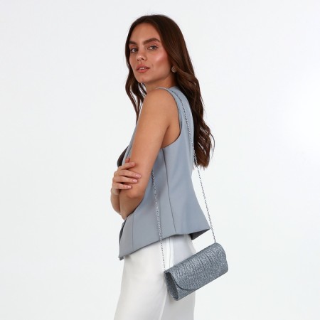 Female bag, valve department, long chain, silver color-2