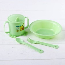 A set of children's dishes, 4 items: bowl, spoon, fork, chip with solid nose 200 ml, MIX color