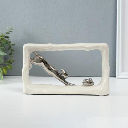 Souvenir Ceramics "Cats Mouse - Chase. Rectangle" White with silver 5.5x21.5x13 cm-3