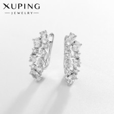 Earrings with rhinestones Xuping leaves, white color in silver