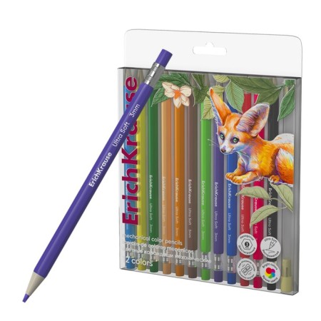 Pencils 12 colors automatic Erichkrause "Safari", hexagonal, plastic, super -furry neckline 3 mm, sharpener as a gift-1