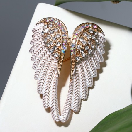 Angel wings brooch, rainbow-white color in gold