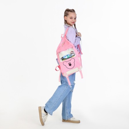 School set. A backpack with a zipper, a core, a bag, a pencil case, a bag for coins, the color is pink-3