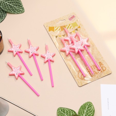 Candles for the cake, 4 pcs "Magic wand. Stars", pink-1