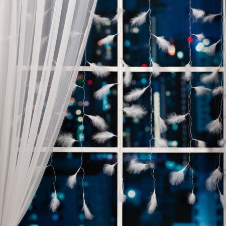 Garland "Curtain" 3 × 1.4 m with nozzles "feathers", IP20, transparent thread, 80 LED, white glow, 8 modes, 220 V-1