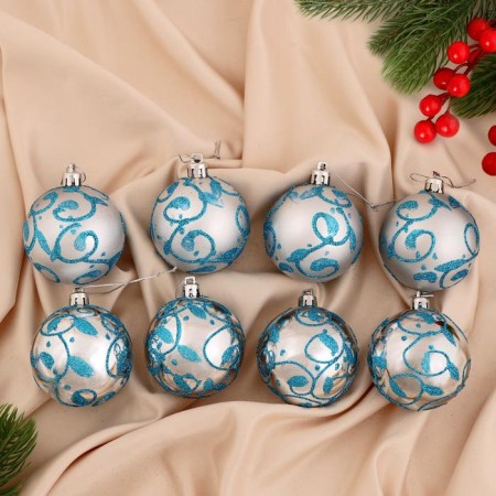 Set of balls Plastic D-6 cm, 8 pcs "Blue Pattern" silver-blue