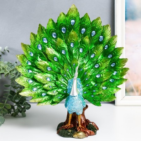 Polystone souvenir "Blue peacock with green, blossoming tail in the meadow" 13x30x35 cm-1