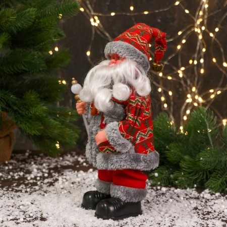 Santa Claus "Colored fur coat and with a flashlight on the staff" 30 cm, moves, red-gray-3