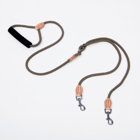 A leash of 8 mm with a pack for 2 dogs, polyester and genuine leather, 73 + 2x57 cm, beige-4