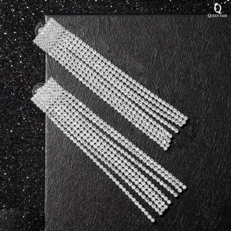 Hanging earrings with rhinestones "Waterfall" Square, white color in silver, 9.5 cm-1