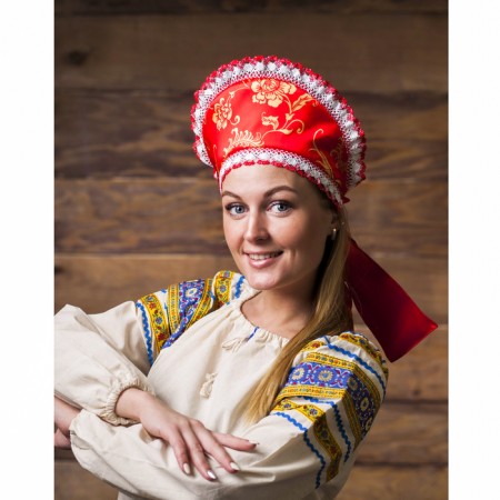 Kokoshnik "Red with a pattern", atlas, tie on a bow